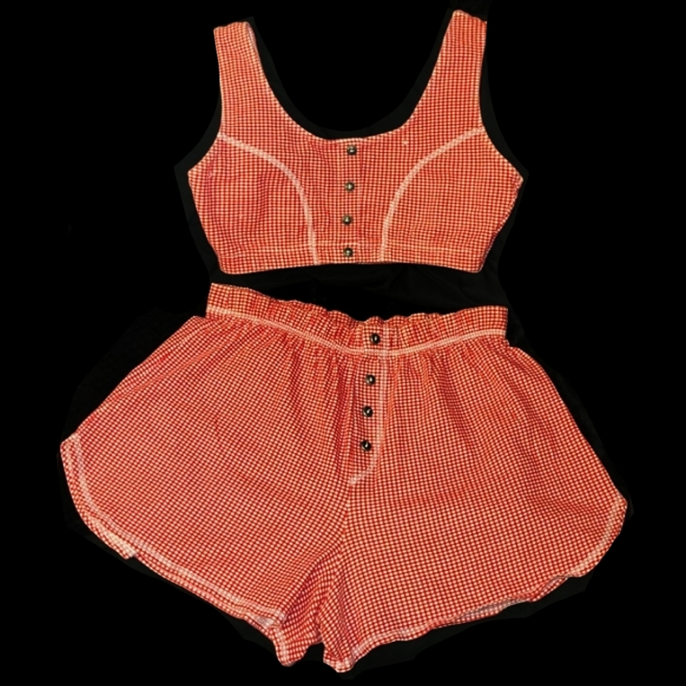 Vtg 90s Flyte red wht gingham thigh high flare shorts bra sexy loungewear set L